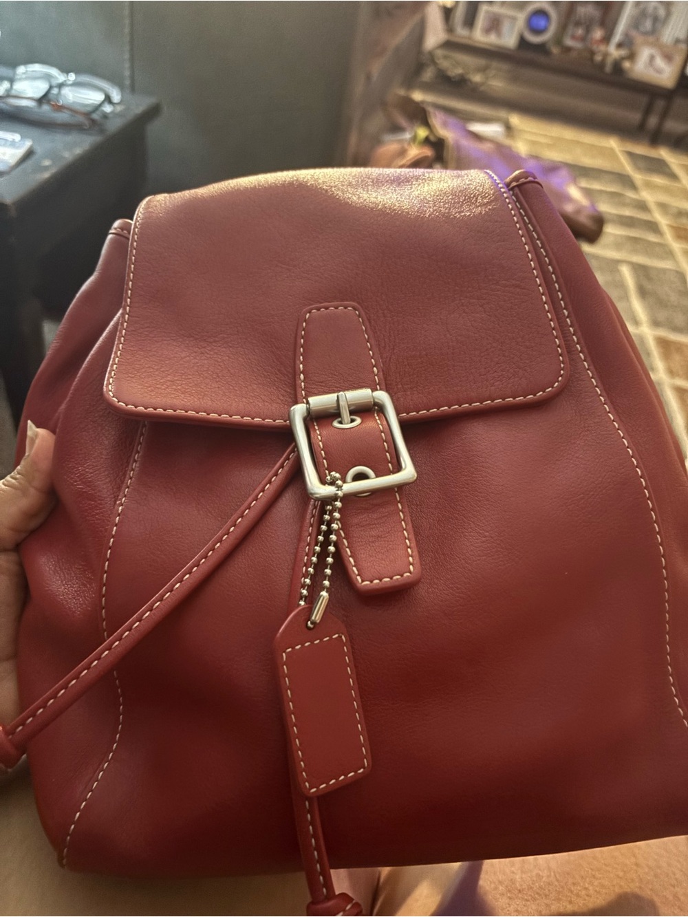 Coach Red Leather Drawstring Backpack with Buckle